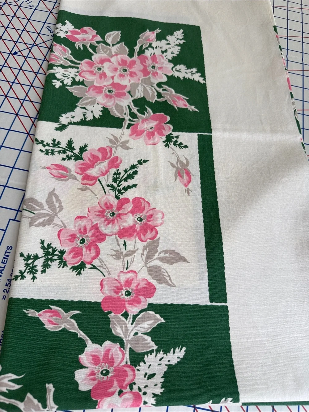 Vintage 1950s Tablecloth Pink Roses Green Check Floral Cotton 54x48 Mid Century